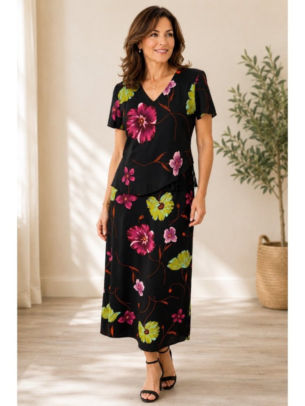Helene Blake Floral Overlay Midi Dress Black Pink Lace Accent Women Size 6